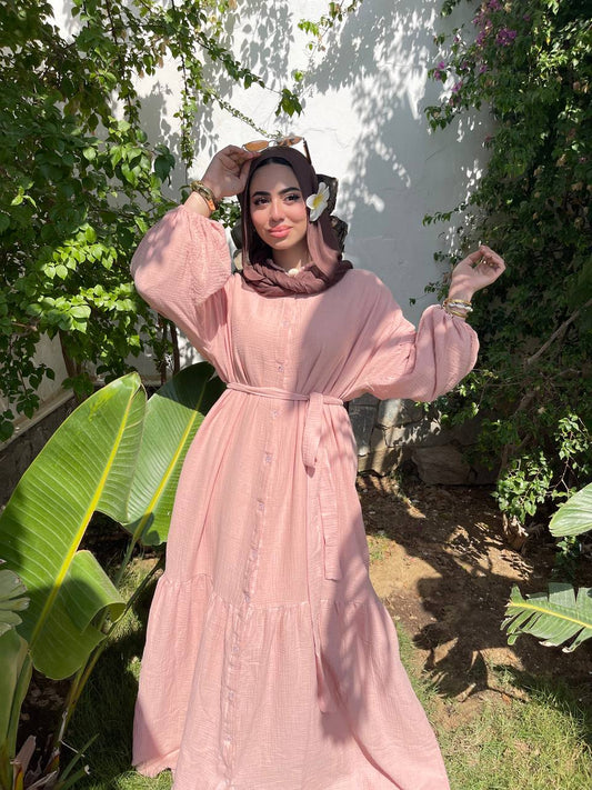 Wide double-cotton dress with belt