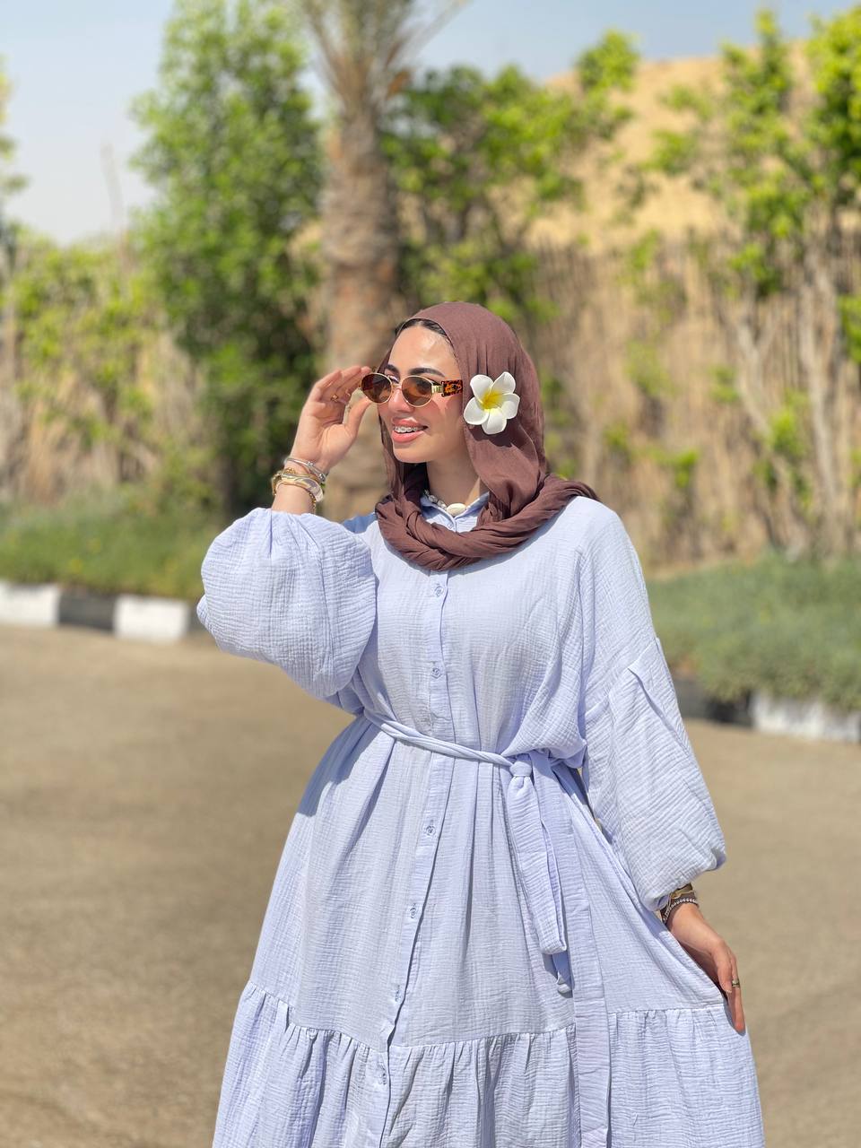 Wide double-cotton dress with belt
