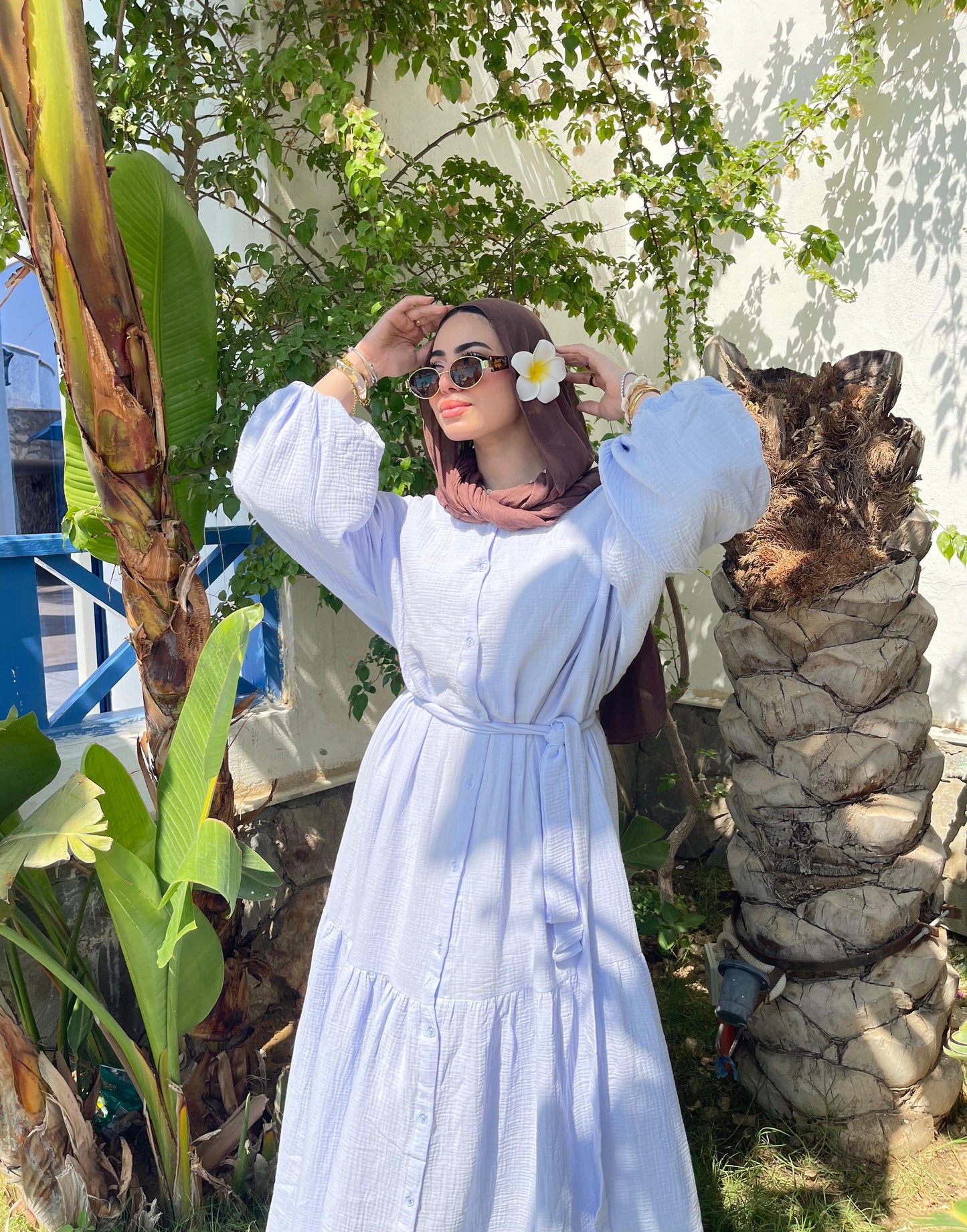 Wide double-cotton dress with belt