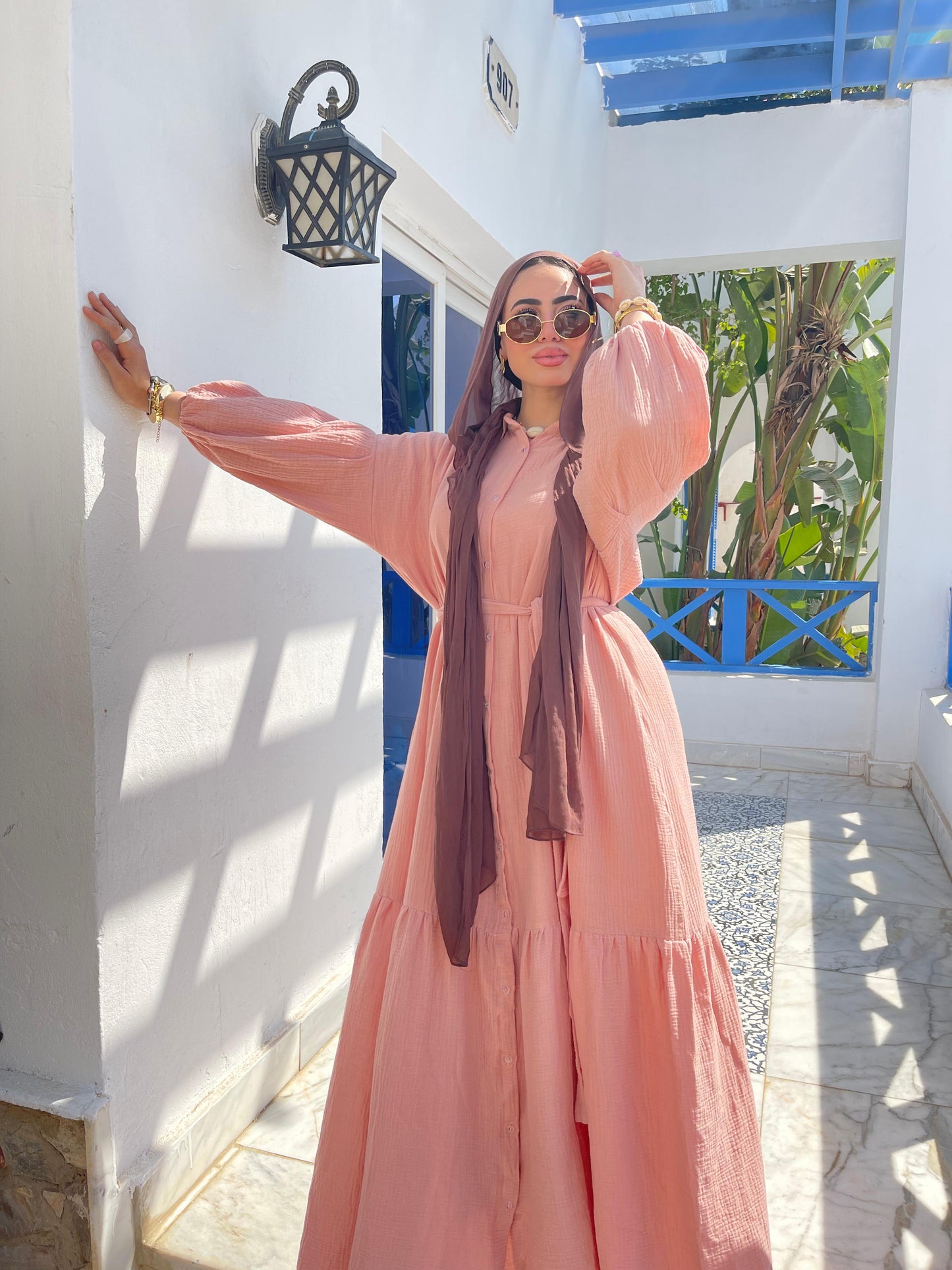 Wide double-cotton dress with belt