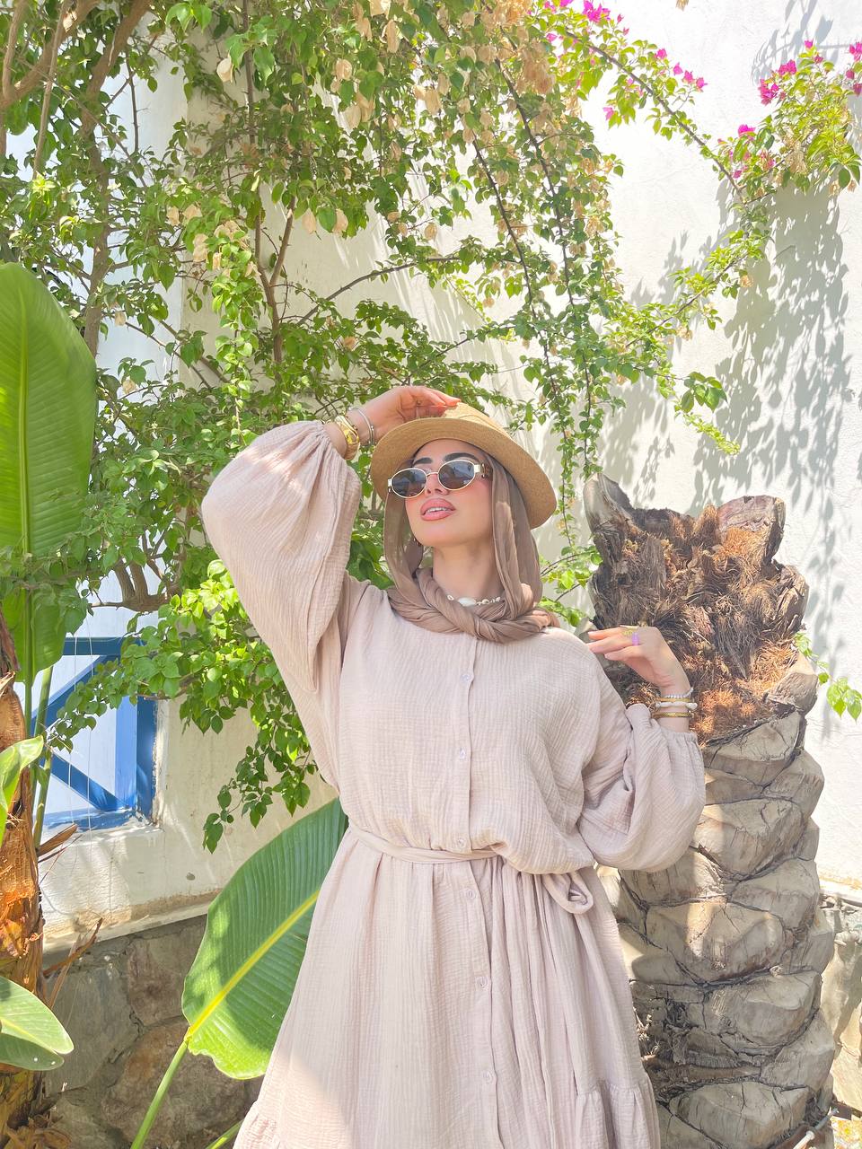 Wide double-cotton dress with belt
