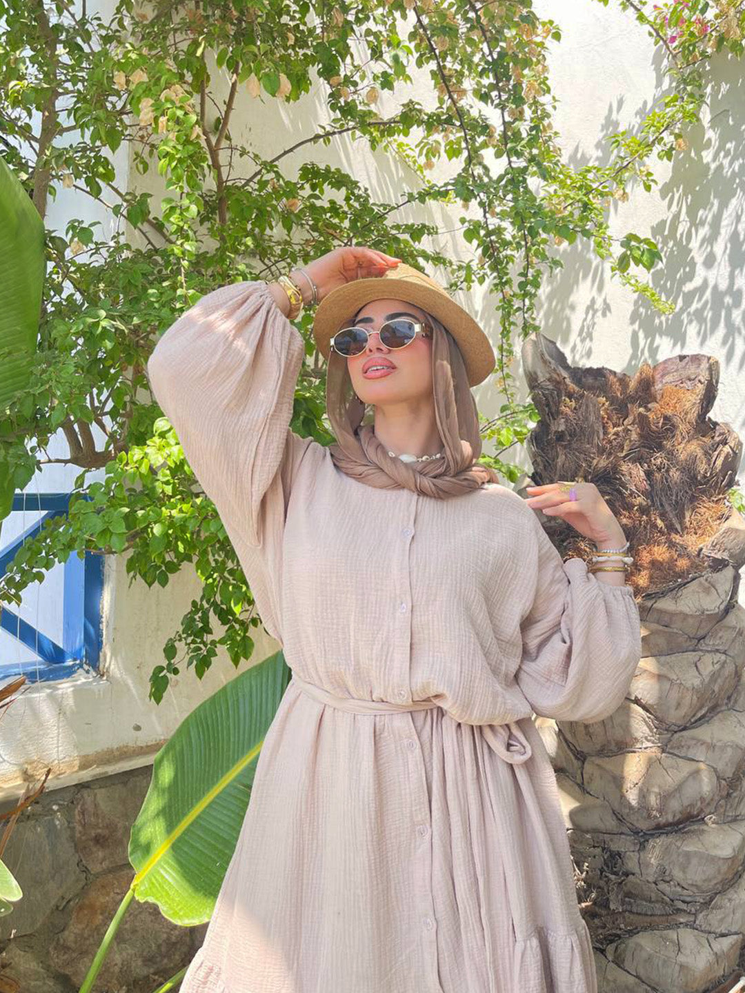 Wide Double-Cotton Dress With Belt