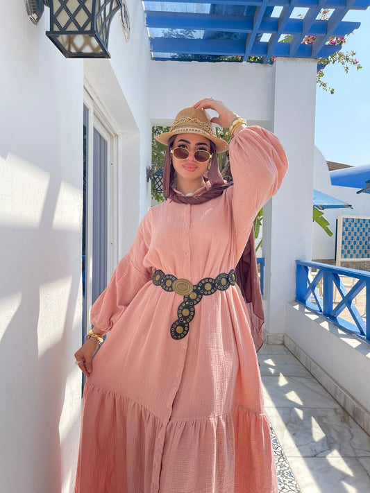 Wide double-cotton dress with belt